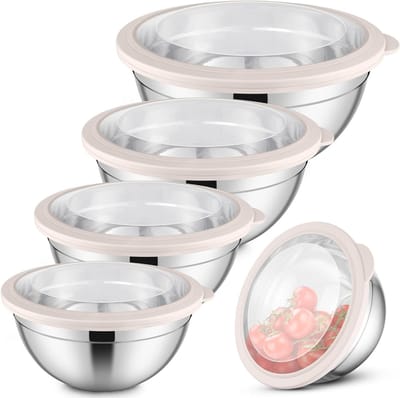 5-delige roestvrijstalen mengkom set met transparant deksel, ideaal voor bakken en serveren, stapelbaar en vaatwasserbestendig, 4.5L/2.7L/1.5L/1.2L/0.7L, perfect voor salades en voedselopslag