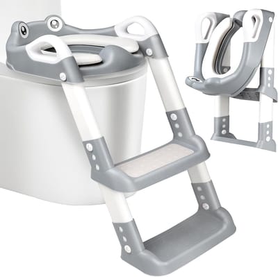 Verstelbare en opvouwbare toiletbril met trap voor kinderen, ideaal toilettrainer voor jongens en meisjes, antislip ontwerp en PU padding