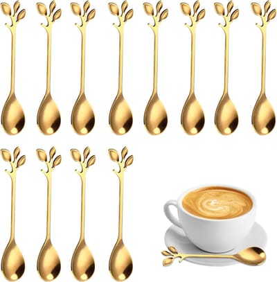 12 Stuks - Dessertlepels set - Gouden Lepeltjes - met Bladvormig Design - Roestvrij Staal - Luxe Koffielepels - Theelepels voor Dessert - Modern Tafeldecoratie - RVS Dessertlepels - Goudkleurig