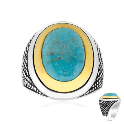 Cavill - Blauwe Kingman Mohave Turkoois Ring - 925 Sterling Zilver - 3 337 ct Ovaal Cabochon - Modern Rasterdesign - Unisex Sieraad