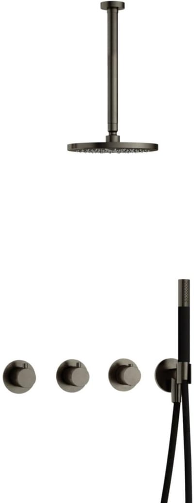 Hotbath Cobber - CB7067 - Inbouw Regendoucheset - Verouderd Ijzer - 2 Stopkranen - Thermostatisch - Plafondbuis 30 cm - Hoofddouche 200 mm - Staafhanddouche - Waterbesparend
