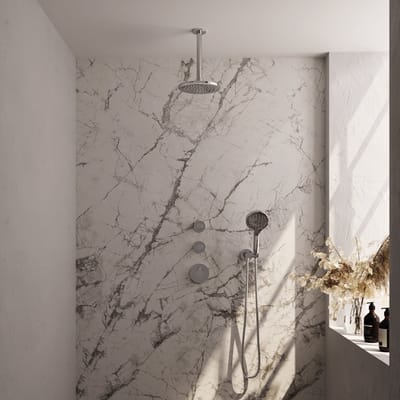 Brauer Chrome Carving thermostatische inbouw regendouche SET 11 met 20 cm douchekop en plafondarm en 3-standen handdouche en doucheslang en wandaansluitbocht chroom