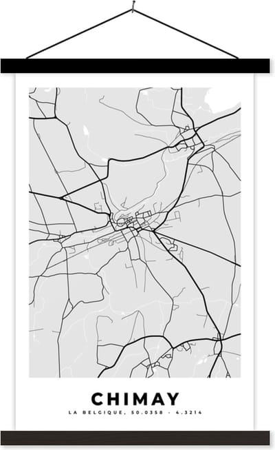 Posterhanger incl. Poster 40x60 cm - Schoolplaat - Zwart Wit – België – Plattegrond – Stadskaart – Kaart – Chimay - Textielposter - Zwarte latten - Stadskaart
