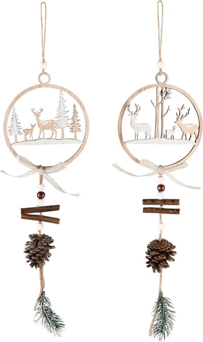 Dekoratief | Hanger bal m/herten, naturel, hout, 11x12x41cm, set van 2 stuks | A235566