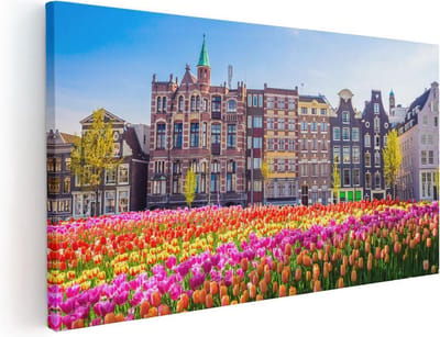 Artaza Canvas Schilderij Amsterdam - 40x20 cm - Klein - Wanddecoratie Tulpen - Muurdecoratie Grachtenpanden - Schilderijen Op Canvas Bloemen