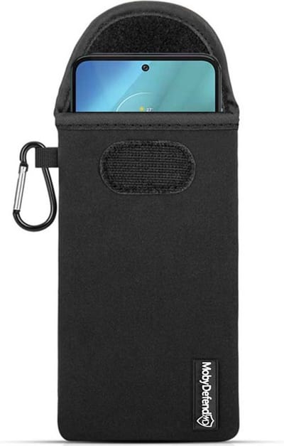 MobyDefend Hoesje - Geschikt voor Motorola Moto G71 - Neopreen Pouch Met Karabijnhaak - Insteek - Riemlus - Zwart