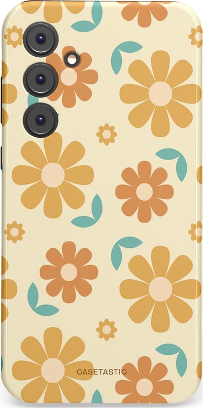 Casetastic hoesje geschikt voor Samsung Galaxy A35 - Dubbellaagse bescherming - Flower power Retro Bloemen - Geel - Oranje - Blauw - Fashion Case - Crème Goud Perzik