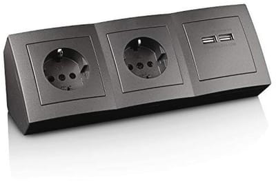 Hoekstopcontact opbouwmontage, 2-voudig Schuko, 2 x USB, 15 cm aansluitkabel en kroonklem voor keukenwerkblad, kantoor, werkplaats, 250 V~/16 A, zwart/antraciet, grijs, wit (zwart/antraciet)