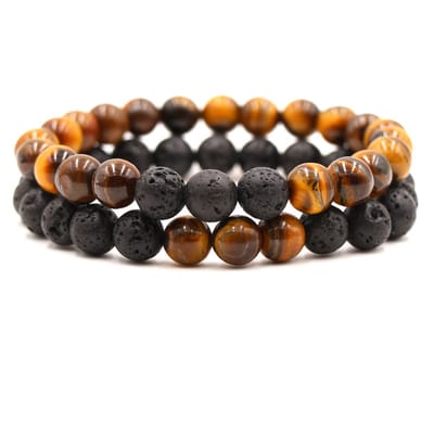 Bixorp Gems Dubbele Natuursteen Armband voor Man & Vrouw - Oranje/Zwart contrast - Edelsteen Armband Cadeau - Lavasteen - 18cm