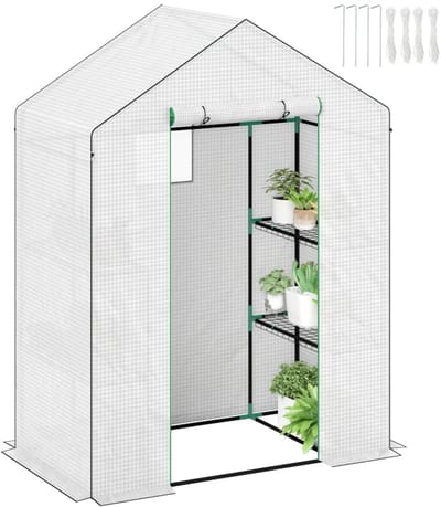 Mini Kas met Roldeur en Gaasramen - 3 Etages - met 6 Planken - UV-bestendig -Tuinkas - Foliekas - Broeikas - Koude Bak - Kweekkas - Tomatenkas - Groentekas - Plantenkas - voor Groenten, Bloemen, Planten - 143 x 74 x 190 cm - Wit