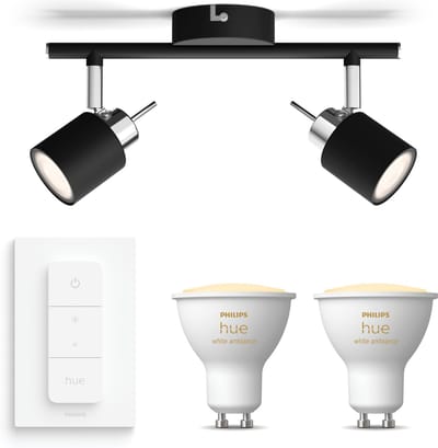 Philips Hue Meranti Opbouwspot (Zwart) - Warm tot Koelwit Licht - Incl. Hue Dimmer Switch - Plafondspot met 2 Lichtpunten - GU10 - Hue White Ambiance