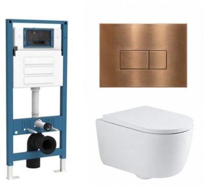 QeramiQ Dely Swirl Toiletset - inbouwreservoir Qeramiq Flush - 35mm zitting - metaal koperen bedieningsplaat - rechthoekige knoppen - glans wit