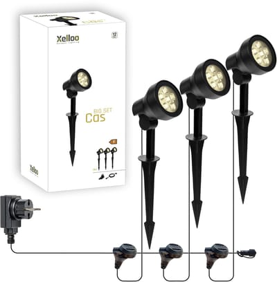 Xelloo® Cas Big Tuinverlichting set van 3 Stuks - 8 meter - Warm Wit Licht - 12V LED Grondspots voor buiten met Stekker - IP65 Waterbestendig - Tuin Verlichting op Stroom 12 Volt - Inclusief trafo, kabel en schuifaansluiting - Buitenverlichting
