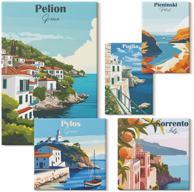 Wallfluent Set van canvas schilderijen - Landschappen van Griekse eilanden en pittoreske stadjes Canvas Schilderijen Set - Set van 5 Canvas Schilderijen - Blauw Set van Canvas Prints - Steden Canvas Kunst Set - Boheemse Canvas Kunst Set