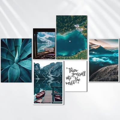 Set van 6 blauwe muurkunst schilderijen voor kantoor en woonkamer decoratie – A3 en A4 poster