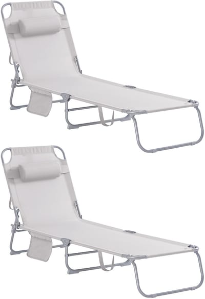 Bergson Ligbed - Ligstoel - 2 Stuks - Opvouwbaar - 4 Standen - Kussen - Zijtas - Tot 120 kg - 155x56 cm - Beige