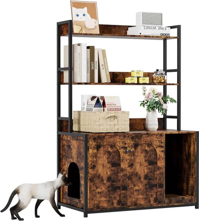 Kattenbak Meubel met Opbergrekken - Groot Litter Box Cabinet 132 cm - Met Deuren - Boekenrek & Kattenmeubel - Bruin - 90x45x132CM