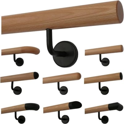 Beukenleuning, gelakt, zwarte houder, schuin + eindstukken klaar voor montage in de set - Lengte: 140 cm met 3 houderuiteinden: bijna