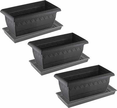 3x stuks antraciet grijze plantenbakken/bloembakken met onderschaal/water opvang bord - formaat 40 x 20 x 16 cm