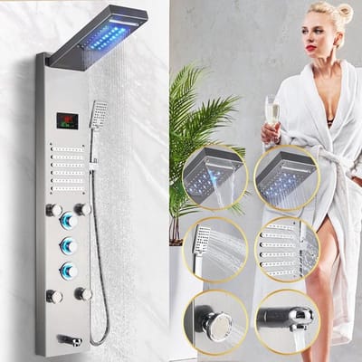 LotaHome - Douche Paneel met Massage - 5-in-1 Regendouche - Inclusief Massage Jets, Thermostaatkraan, Handdouche, Verlichting en LED Scherm - Luxe Waterval Douche - Opbouw - Doucheset - Douchepaneel - Airjets - Thermostatische Douchekraan - Zilver