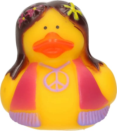 Badeendje - flower power hippie - geel met roze-paars vestje - 5 cm