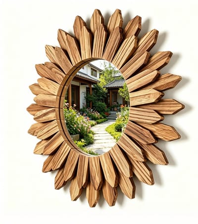 Plakspiegel - Boho Zonnespiegel – Decoratieve Houten Wandspiegel 30 cm – Sunburst Spiegel voor Woonkamer, Hal, Slaapkamer en Badkamer – Naturel