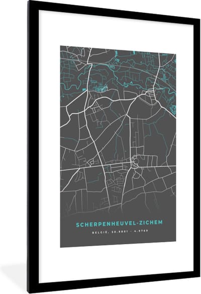 Fotolijst incl. Poster - België – Scherpenheuvel Zichem – Stadskaart – Kaart – Blauw – Plattegrond - 80x120 cm - Posterlijst