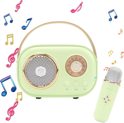 KZQ Mini Karaoke Machine voor Kinderen en Volwassenen Bluetooth Speaker met Draadloze Microfoon Retro Versterker Set Stereo Geluid Versterkte Bas voor Thuis Feest Cadeau Groen 1 Mic