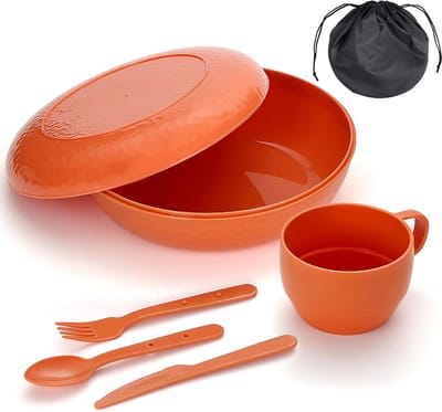 Famanu – Camping mess kit set van 6 stuks met kom, bord, beker, lepel, vork, mes en draagtas, lichtgewicht en compact voor outdoor, reizen en picknicken