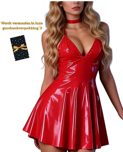 Latex Wetlook Sexy Jurkje – Lingerie Erotisch – Rood – Lingerie Setje – Luxe Lingerieset – Leren PU Lingerie Jurkje – Leatherlook – Verleidelijk & Mysterieus – Inclusief Chocker – Kinky – BDSM – Festival Outfit – Clubwear – Wasteland – S, M, L, XL