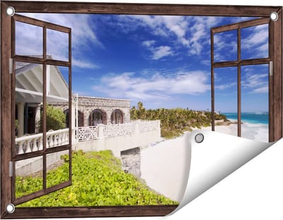 Gards Tuinposter Doorkijk Het Strandhuis - 60x40 cm - Tuindoek - Tuindecoratie - Wanddecoratie buiten - Tuinschilderij