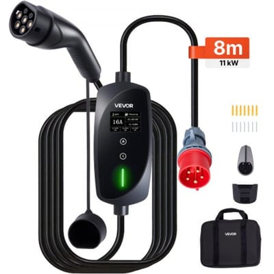 VEVOR Mobiele Wallbox, 11 kW 16 A, Type 2 Laadstation, Draagbare 3-fasenlader met 8 m laadkabel, CEE16-stekker, LCD-scherm, IP66-besturingseenheid, Voeding voor elektrische voertuigen