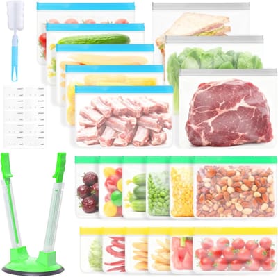 Herbruikbare diepvrieszakken - 20 stuks in 4 maten (0,7-1,7 liter) met opvouwbare standaard en schoonmaakborstel, luchtdichte ziplock zakken, BPA-vrij, ideaal voor groenten, melk en sandwiches