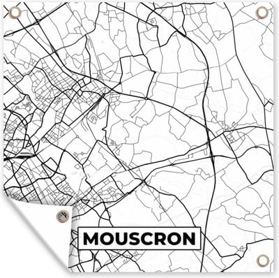 Tuin poster Stadskaart – Plattegrond – België – Zwart Wit – Mouscron – Kaart - 200x200 cm - Tuindoek