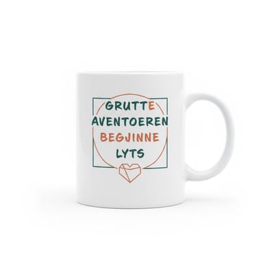 Inspirerende Tekst Mok 330 ml – “Grutte Aventoeren Begjinne Lyts” – Minimalistisch Design Koffie- & Theemok – Motiverend Cadeau