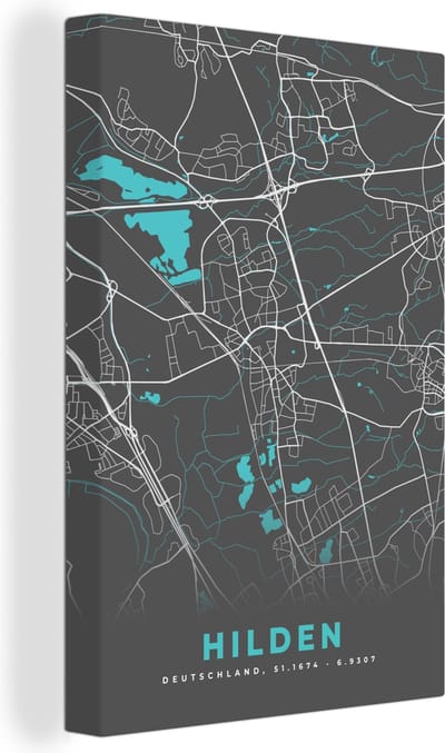 Canvas Schilderij Blauw – Duitsland – Plattegrond – Stadskaart – Kaart – Hilden - 20x30 cm - Wanddecoratie