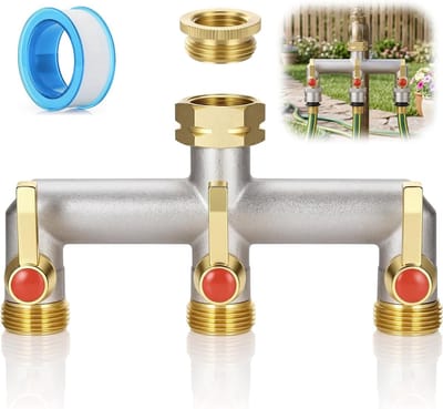 3-weg waterverdeler van messing met verlengde handgreep, ideaal voor huis, tuin en wasmachine, inclusief adapter van 1/2 inch naar 3/4 inch voor optimale aansluiting