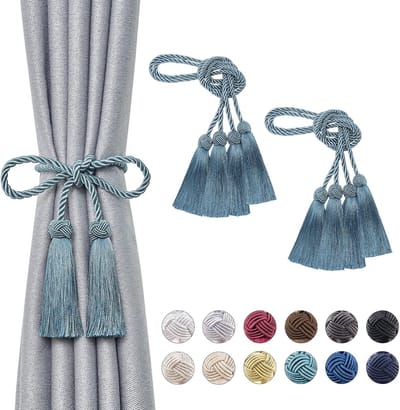 Jolly 4 Pack Dubbelzijdig Kwastje Gordijn Tiebacks Handgemaakte Gevlochten Touw Knoop Draperen Tie Backs Europese Stijl Decoratieve Gordijn Holdbacks voor Thuis & Kantoor Window Draperie (Teal)