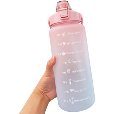 Waterfles van 2 liter met marker en rietje Waterfles met grote capaciteit en handvat Herbruikbaar Lekvrij roze