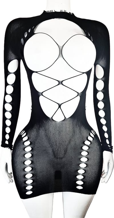 BamBella® - Jurk - Onesize - Erotische sexy nacht jurkje Zwart doorzichtig kant - Super Stretch