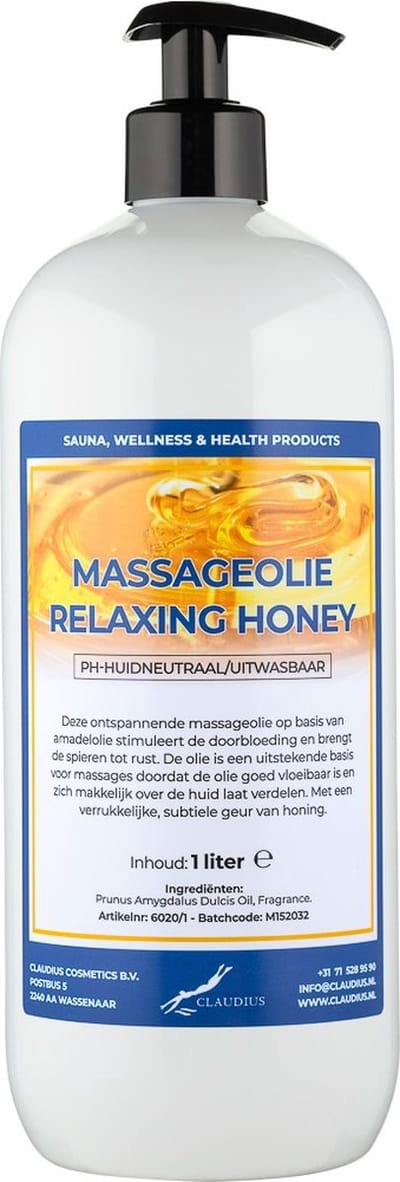 Massageolie Relaxing Honey 1 liter met gratis pomp - 100% natuurlijk - biologisch en koud geperst