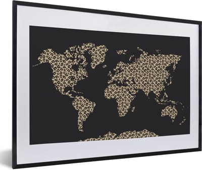 Poster in lijst - Fotolijst 60x40 cm - Posters - Wereldkaart - Dierenprint - Luipaard - Posterlijst zwart - Decoratie - Wanddecoratie woonkamer - Muurdecoratie slaapkamer
