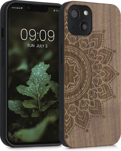 kwmobile telefoonhoesje geschikt voorApple iPhone 13 - Hoesje met bumper - hout - In donkerbruin Opkomende Zon design