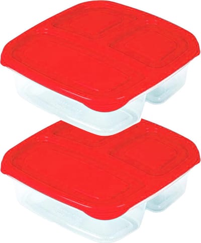 Plasticforte Vershoudbakje - 2x - 3-vaks - 1,2L - meal prep - herbruikbaar - rood - vaatwasser bestendig - magnetron bakjes