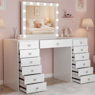 CLP Attalla Kaptafel met Verlichting en Spiegel 100x80 cm - Hollywoodspiegel LED 3 Kleuren - met Lades - USB-A en USB-C Aansluiting - wit