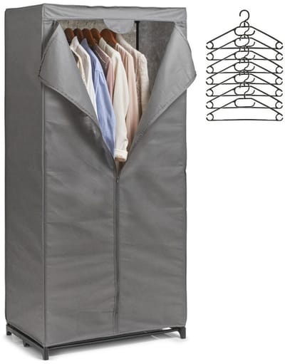 Zeller Mobiele kledingkast met 10x kleding hangers - enkele stang - kunststof - grijs - 50 x 160 x 75 cm