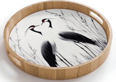 Dienblad rond 40x40 cm - Schootdienblad hout - Kraanvogels - Gras - Hartvorm - Zwart - Borrelplank rechthoek - Plateau houten dienbladen