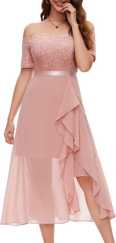 Lange avondjurk met glitter off-shoulder elegante baljurk