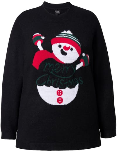 Ulla Popken - Dames - Trui kerstmotief opstaande kraag lange mouwen - Zwart - Maat 46+