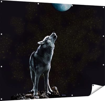 Gards Tuinposter Wolf Huilt naar de Volle Maan - 150x120 cm - Tuindoek - Tuindecoratie - Wanddecoratie buiten - Tuinschilderij